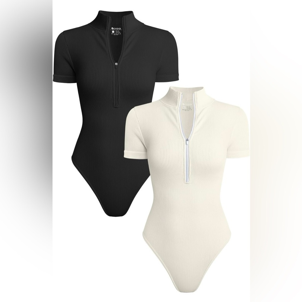 OQQ Women's 2 Piece Bodysuits Sexy Ribbed One Piece Short Sleeve Zip Front Small